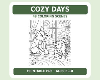 Libro para colorear imprimible de animales acogedores en formato PDF, 48 escenas, tamaños A4 y Carta estadounidense, para edades de 6 a 10 años.