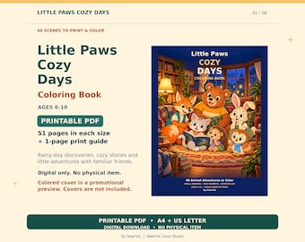 Libro para colorear Little Paws Cozy Days: 48 escenas de animales, archivos PDF en formato A4 y Carta estadounidense.