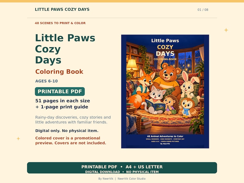 Op de afbeelding: Een digitaal kleurboek getiteld Little Paws Cozy Days met 48 sc&egrave;nes om af te drukken. De omslagillustratie toont een beer, vos, konijn, kat, egel en uil in een woonkamer. Bevat 51 pagina's in A4-formaat.