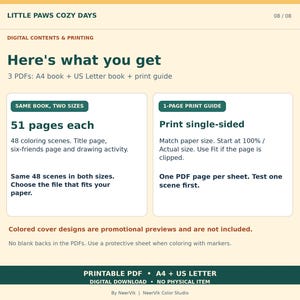 Op de afbeelding: Digitale downloadinformatie voor het Little Paws Cozy Days kleurboek. Bevat 3 PDF's: A4-boek, US Letter-boek en printgids. Elk 51 pagina's met 48 kleurplaten, titelpagina en tekenactiviteit. Enkelzijdig afdrukken.