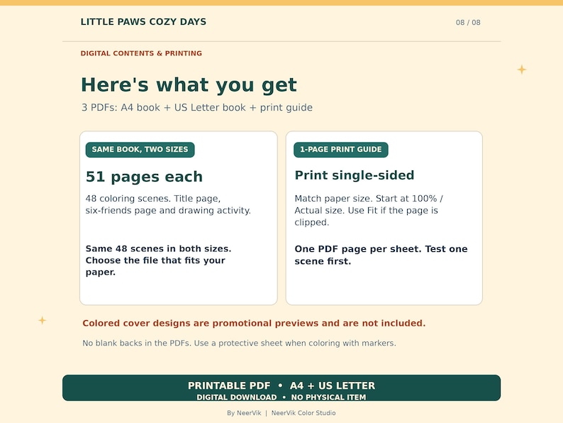 Op de afbeelding: Digitale downloadinformatie voor het Little Paws Cozy Days kleurboek. Bevat 3 PDF's: A4-boek, US Letter-boek en printgids. Elk 51 pagina's met 48 kleurplaten, titelpagina en tekenactiviteit. Enkelzijdig afdrukken.