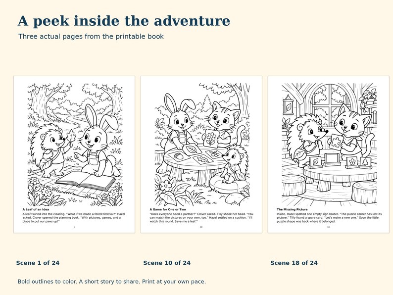 The Great Forest Team-Up Coloring Book for Kids Ages 6-8, 24 Story Scenes, Printable PDF, Little Paws image 2