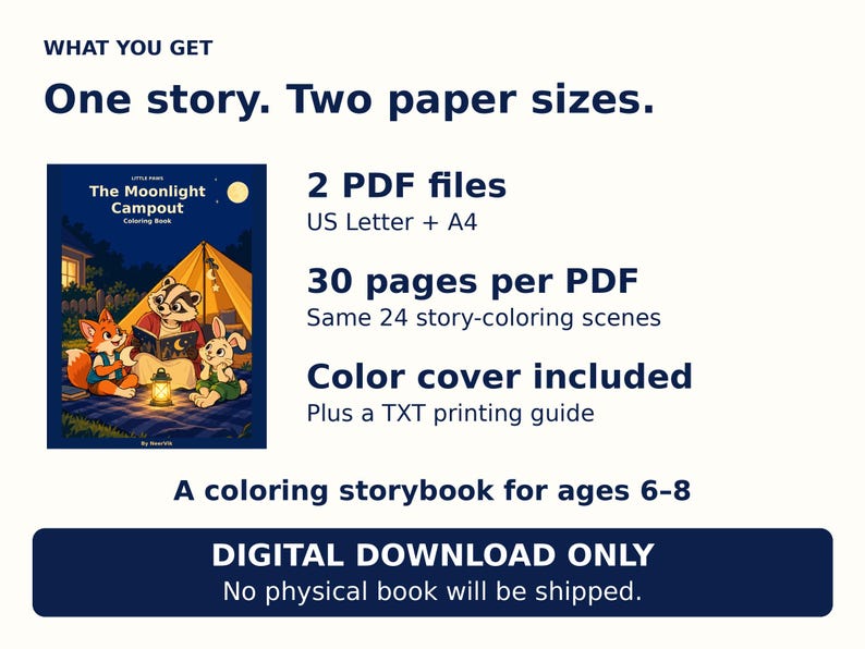 Moonlight Campout Printable Coloring Storybook, 24 Woodland Scenes, Ages 6-8 (PDF) image 6