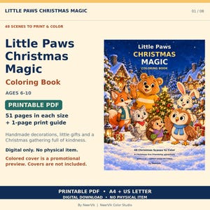May include: A digital coloring book titled Little Paws Christmas Magic featuring 48 scenes. The cover displays a colorful illustration of a bear, fox, cat, hedgehog, rabbit, and owl gathered around a decorated Christmas tree in the snow.