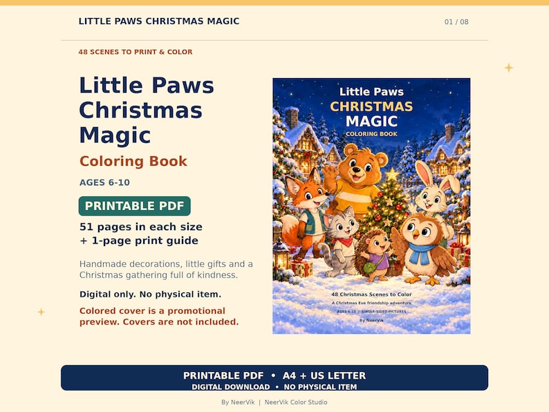 May include: A digital coloring book titled Little Paws Christmas Magic featuring 48 scenes. The cover displays a colorful illustration of a bear, fox, cat, hedgehog, rabbit, and owl gathered around a decorated Christmas tree in the snow.