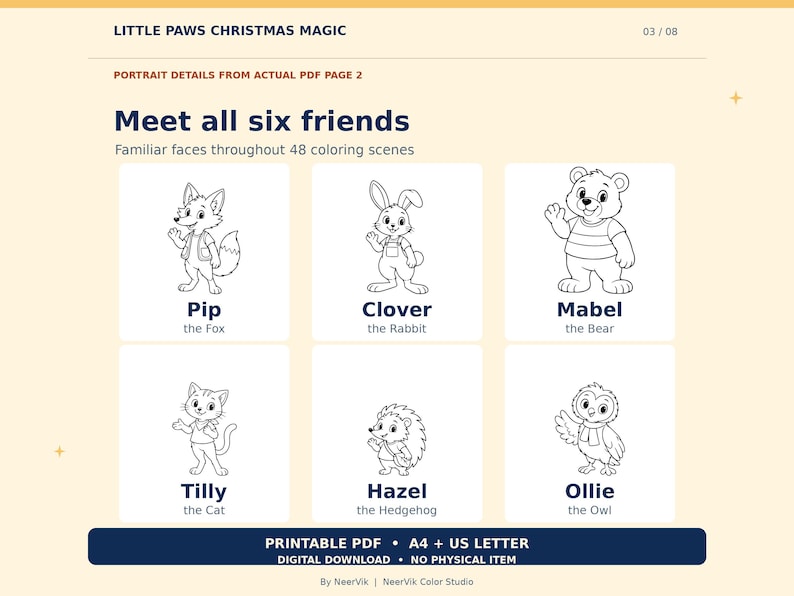 May include: A digital coloring page titled Little Paws Christmas Magic featuring six black and white line art characters: Pip the Fox, Clover the Rabbit, Mabel the Bear, Tilly the Cat, Hazel the Hedgehog, and Ollie the Owl for printing.