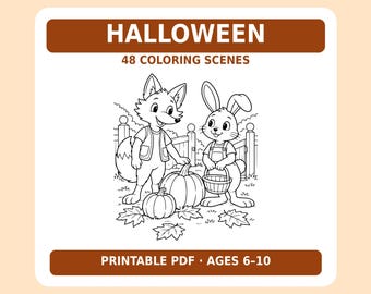 Libro para colorear imprimible de animales de Halloween en formato PDF, 48 escenas, tamaño A4, para edades de 6 a 10 años.