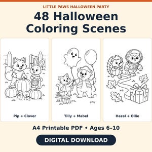 Libro para colorear de Halloween: 48 escenas de animales, PDF imprimible en formato A4, para edades de 6 a 10 años. imagen 1