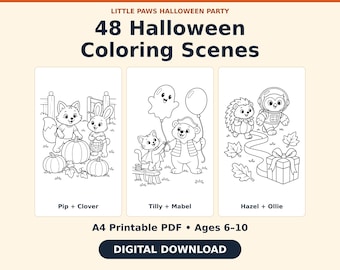 Halloween-Malbuch: 48 Tiermotive, A4-PDF zum Ausdrucken, für Kinder von 6-10 Jahren