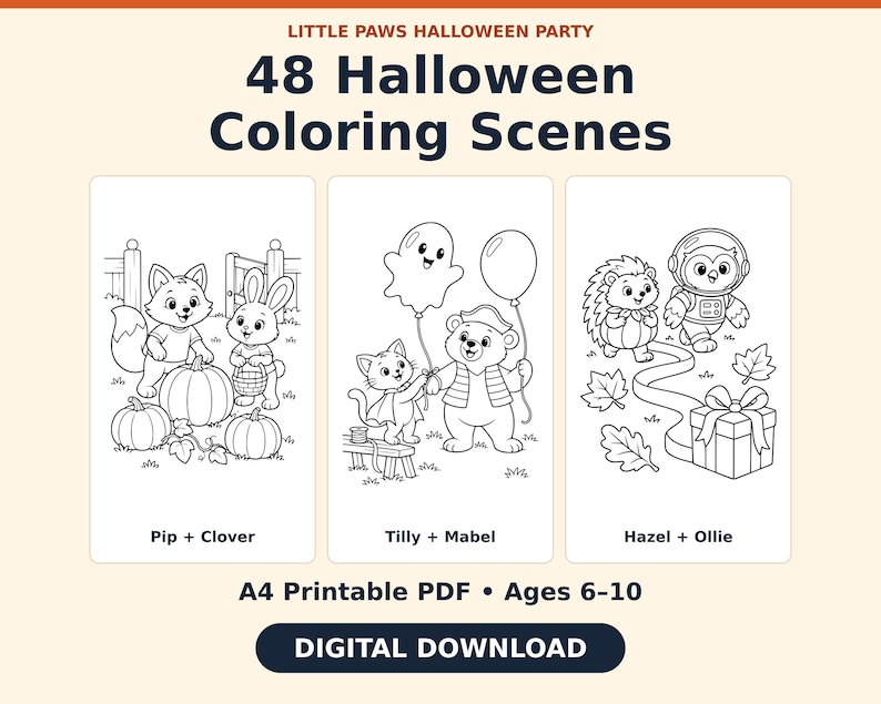 Libro para colorear de Halloween: 48 escenas de animales, PDF imprimible en formato A4, para edades de 6 a 10 años. imagen 1