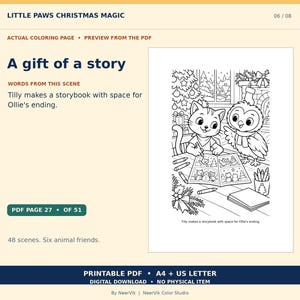 May include: A black and white coloring page titled A gift of a story featuring a cat and an owl sitting at a table drawing in a book. The scene includes a Christmas tree, a fireplace with a stocking, crayons, and the text Tilly makes a storybook with space for Ollie's ending.