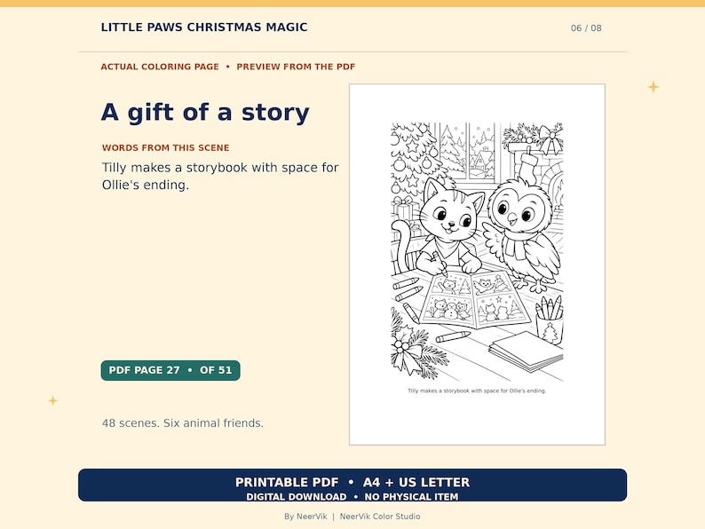 May include: A black and white coloring page titled A gift of a story featuring a cat and an owl sitting at a table drawing in a book. The scene includes a Christmas tree, a fireplace with a stocking, crayons, and the text Tilly makes a storybook with space for Ollie's ending.