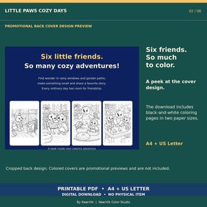 Op de afbeelding: Een promotionele afbeelding voor een kleurboek getiteld Little Paws Cozy Days. Het bevat vier zwart-witillustraties van dierenfiguren, de tekst Six little friends. So many cozy adventures! en details over de A4 en US Letter PDF-downloads.