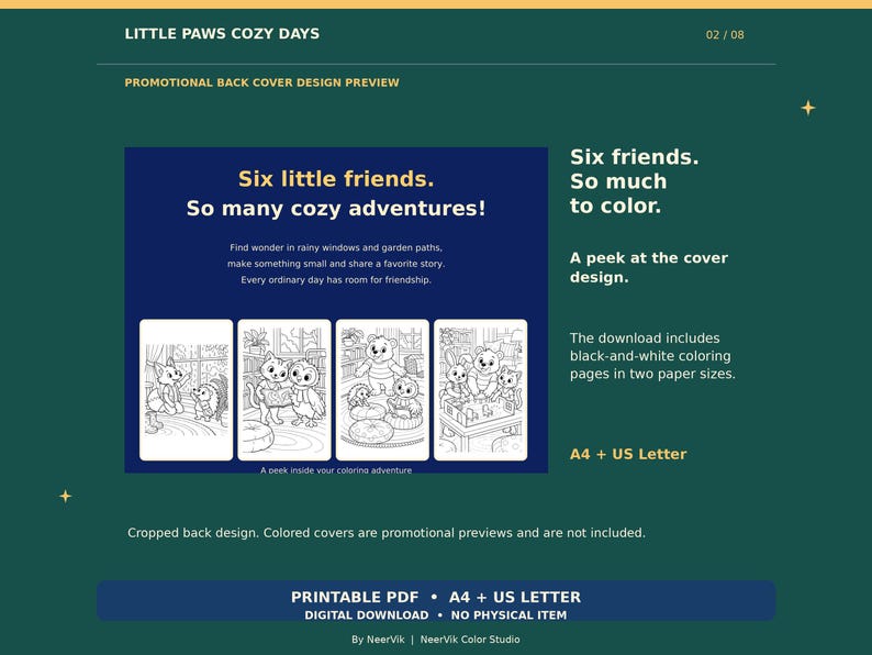 Op de afbeelding: Een promotionele afbeelding voor een kleurboek getiteld Little Paws Cozy Days. Het bevat vier zwart-witillustraties van dierenfiguren, de tekst Six little friends. So many cozy adventures! en details over de A4 en US Letter PDF-downloads.