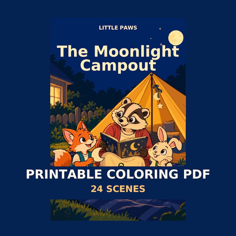 Moonlight Campout Printable Coloring Storybook, 24 Woodland Scenes, Ages 6-8 (PDF) image 3