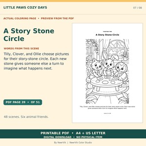 Op de afbeelding: Een printbare kleurplaat met de titel A Story Stone Circle met een kat, een konijn en een uil die rond een ronde tafel zitten. De figuren interageren met kleine stenen op het tafeloppervlak. De pagina bevat tekst die de sc&egrave;ne beschrijft.