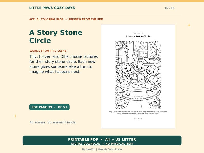 Op de afbeelding: Een printbare kleurplaat met de titel A Story Stone Circle met een kat, een konijn en een uil die rond een ronde tafel zitten. De figuren interageren met kleine stenen op het tafeloppervlak. De pagina bevat tekst die de sc&egrave;ne beschrijft.