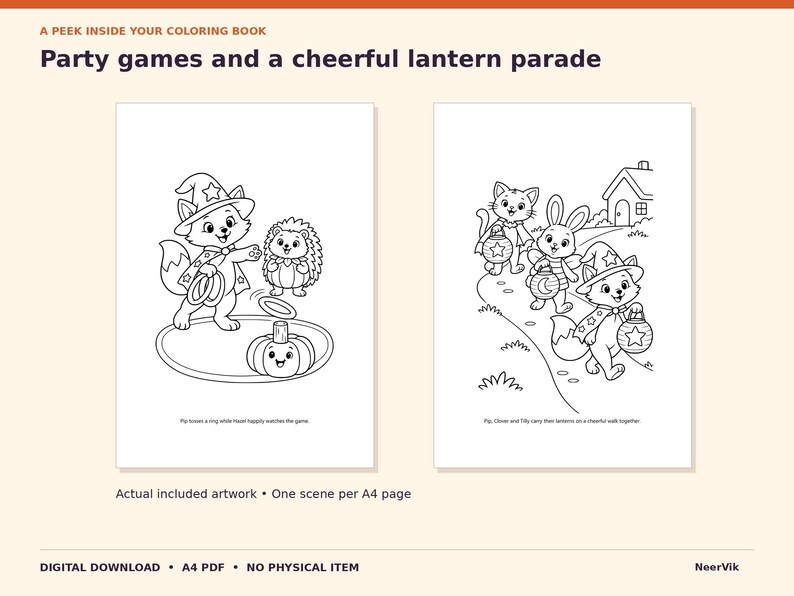 Libro para colorear de Halloween: 48 escenas de animales, PDF imprimible en formato A4, para edades de 6 a 10 años. imagen 4