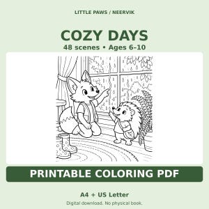 Cozy Animal Printable Coloring Book PDF, 48 Scenes, A4 & US Letter, Ages 6–10 afbeelding 1