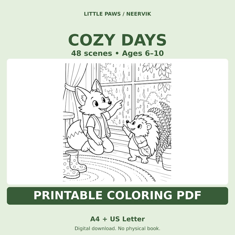 Cozy Animal Printable Coloring Book PDF, 48 Scenes, A4 & US Letter, Ages 6–10 afbeelding 1
