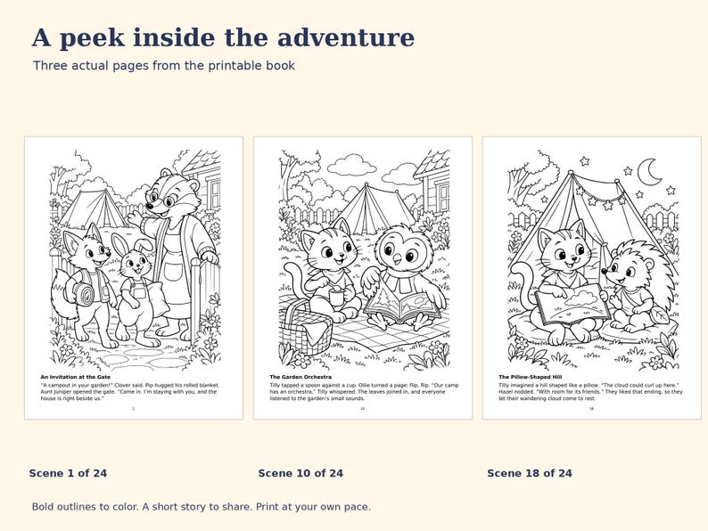 Moonlight Campout Printable Coloring Storybook, 24 Woodland Scenes, Ages 6-8 (PDF) image 4