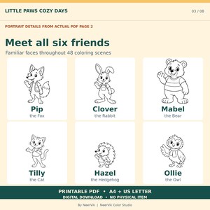 Op de afbeelding: Een digitale kleurplaat getiteld Little Paws Cozy Days met zes zwart-wit dierfiguren: Pip de vos, Clover het konijn, Mabel de beer, Tilly de kat, Hazel de egel en Ollie de uil, met tekst die aangeeft dat het een printbare PDF betreft.