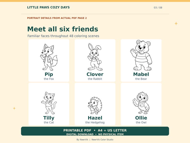 Op de afbeelding: Een digitale kleurplaat getiteld Little Paws Cozy Days met zes zwart-wit dierfiguren: Pip de vos, Clover het konijn, Mabel de beer, Tilly de kat, Hazel de egel en Ollie de uil, met tekst die aangeeft dat het een printbare PDF betreft.