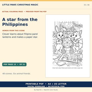 May include: A printable coloring page titled A star from the Philippines featuring a rabbit and a fox holding a star-shaped lantern. The scene includes an open book with craft instructions, paper scraps, scissors, and glue on a table.