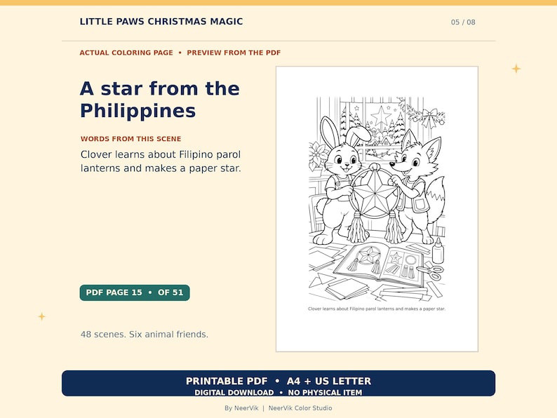 May include: A printable coloring page titled A star from the Philippines featuring a rabbit and a fox holding a star-shaped lantern. The scene includes an open book with craft instructions, paper scraps, scissors, and glue on a table.