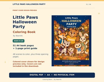 Libro para colorear de Halloween: 48 escenas de animales, PDF imprimible en formato A4, para edades de 6 a 10 años.