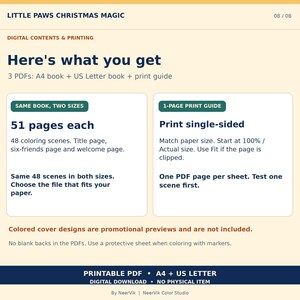 May include: A digital product information sheet titled Little Paws Christmas Magic. It details three PDFs including an A4 book, US Letter book, and print guide. The text specifies 51 pages each with 48 coloring scenes and printing instructions.