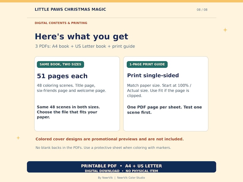 May include: A digital product information sheet titled Little Paws Christmas Magic. It details three PDFs including an A4 book, US Letter book, and print guide. The text specifies 51 pages each with 48 coloring scenes and printing instructions.