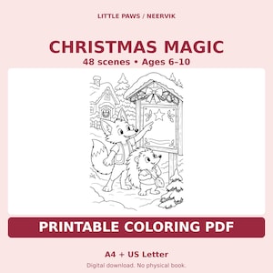 Christmas Animal Printable Coloring Book PDF, 48 Scenes, A4 & US Letter, Ages 6–10