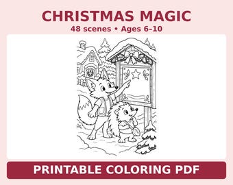 Christmas Animal Printable Coloring Book PDF, 48 Scenes, A4 & US Letter, Ages 6–10