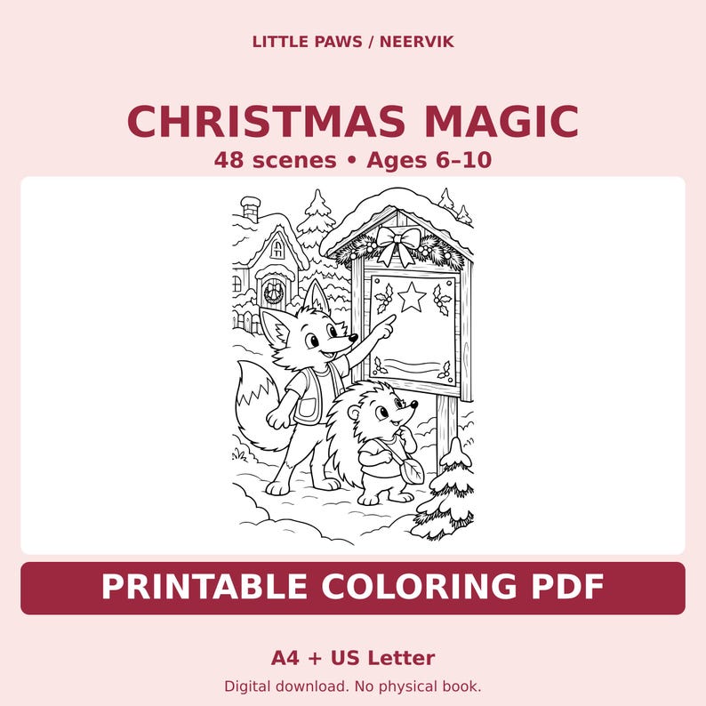 Christmas Animal Printable Coloring Book PDF, 48 Scenes, A4 & US Letter, Ages 6–10 image 1