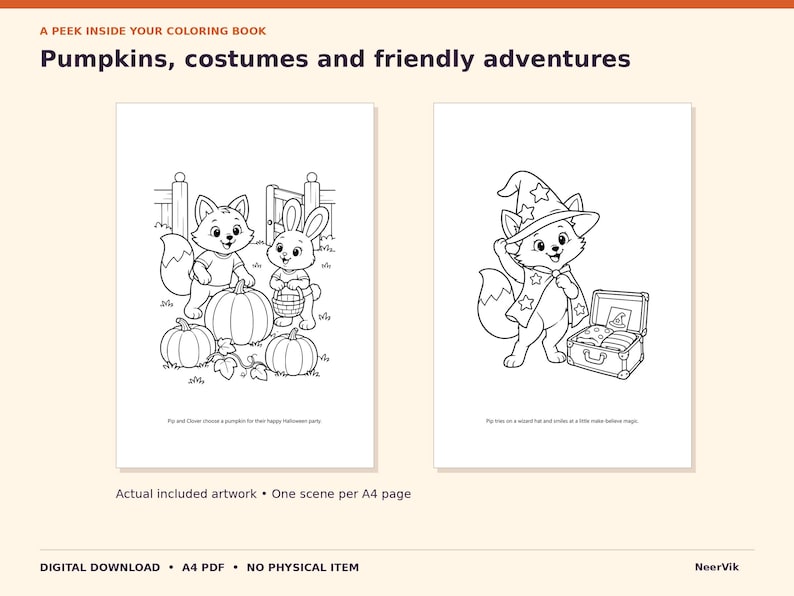 Libro para colorear de Halloween: 48 escenas de animales, PDF imprimible en formato A4, para edades de 6 a 10 años. imagen 3