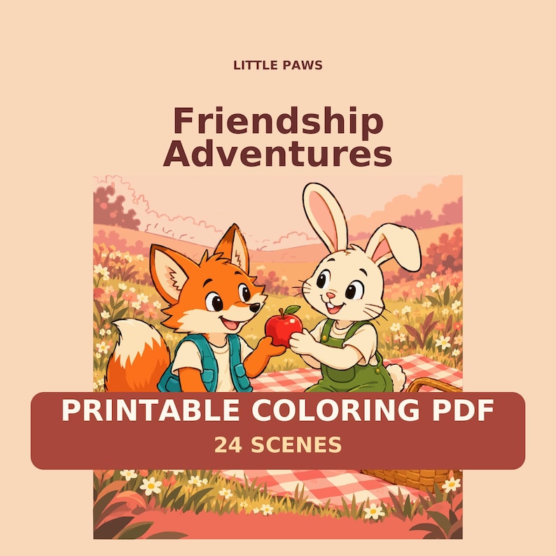 Friendship Adventures Coloring Book for Kids Ages 6-8, 24 Story Scenes, Printable PDF, Little Paws image 1