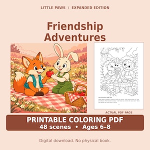 Friendship Adventures Printable Coloring Storybook, 48 Animal Scenes, Ages 6-8 (PDF)