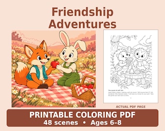 Friendship Adventures Printable Coloring Storybook, 48 Animal Scenes, Ages 6-8 (PDF)