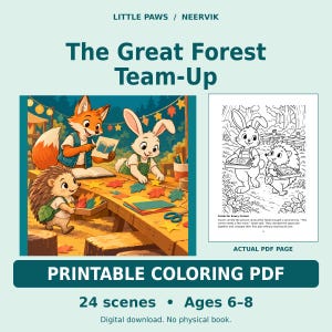 Great Forest Team-Up Printable Coloring Storybook, 24 Scenes, Ages 6-8 (PDF)