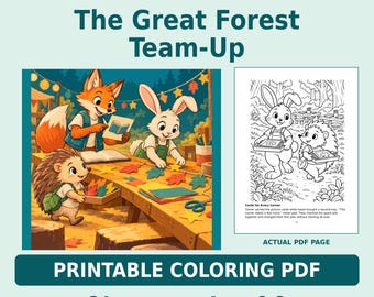 Great Forest Team-Up Printable Coloring Storybook, 24 Scenes, Ages 6-8 (PDF)