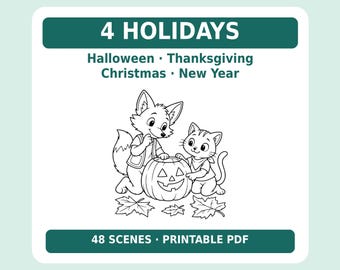 Libro para colorear imprimible en PDF de animales navideños, 48 ​​escenas, Halloween, Acción de Gracias, Navidad, Año Nuevo, tamaños A4 y Carta estadounidense.
