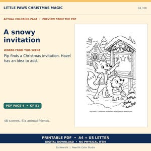 May include: A printable coloring page titled A snowy invitation featuring a fox and a hedgehog standing before a wooden sign decorated with a bow and holly in a winter village setting with houses and pine trees in the background.