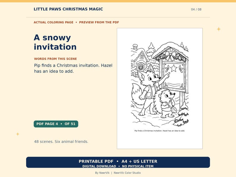 May include: A printable coloring page titled A snowy invitation featuring a fox and a hedgehog standing before a wooden sign decorated with a bow and holly in a winter village setting with houses and pine trees in the background.