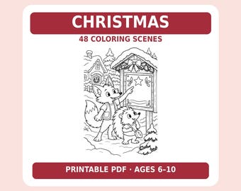 Libro para colorear imprimible de animales navideños en formato PDF, 48 escenas, tamaños A4 y Carta estadounidense, para edades de 6 a 10 años.