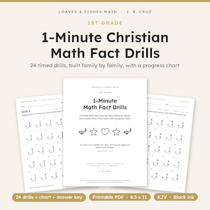 Puede incluir: Un conjunto de hojas de trabajo imprimibles 1st Grade 1-Minute Christian Math Fact Drills. La portada presenta el título, la descripción de 24 ejercicios cronometrados, iconos de lámparas de aceite y estrellas, un corazón y el texto del Salmo 90:12.