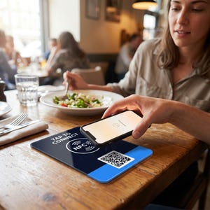 May include: A rectangular sign with a dark blue and light blue surface featuring the white text TAP TO CONNECT, an NFC icon, and a QR code. A smartphone is held above the sign to initiate a wireless connection via the NFC technology.