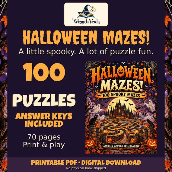 Halloween Mazes Printable PDF, 100 Puzzles with Answers, Spooky Autumn Activity Book