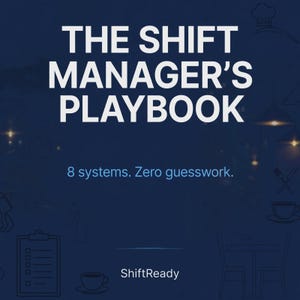 May include: A dark blue digital guide titled THE SHIFT MANAGER'S PLAYBOOK with the subtitle 8 systems. Zero guesswork. The background features faint white line drawings of restaurant items like a clipboard, coffee cup, and table.
