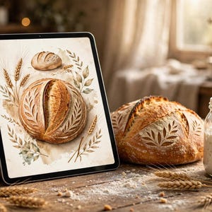May include: A tablet displaying a digital illustration of two round loaves of bread surrounded by wheat stalks, positioned next to a physical round loaf of bread with a leaf pattern and a glass jar filled with sourdough starter.
